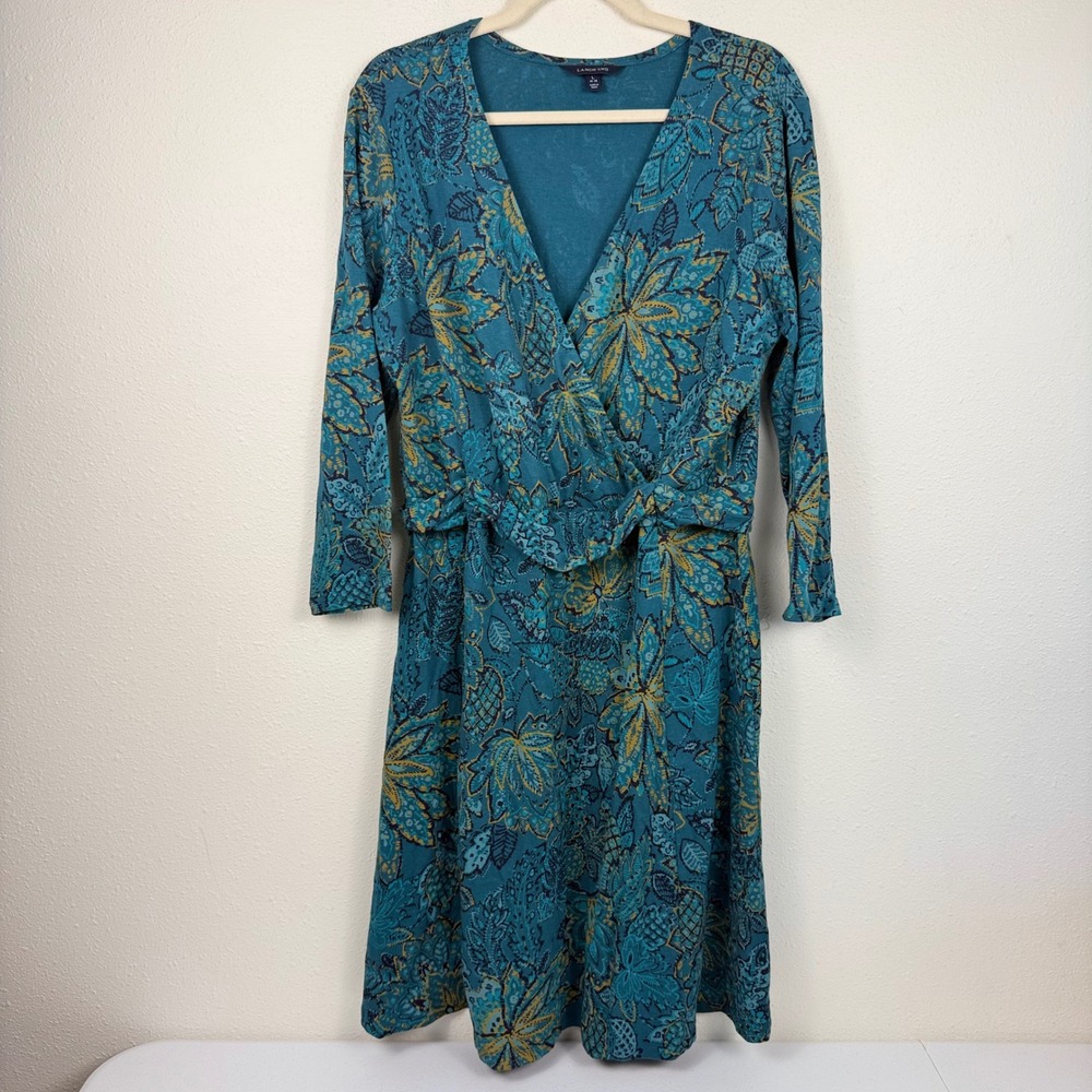 Lands' End Teal Blue Floral Paisley Faux Wrap Dress V-Neck 3/4 Sleeve L 14-16‎